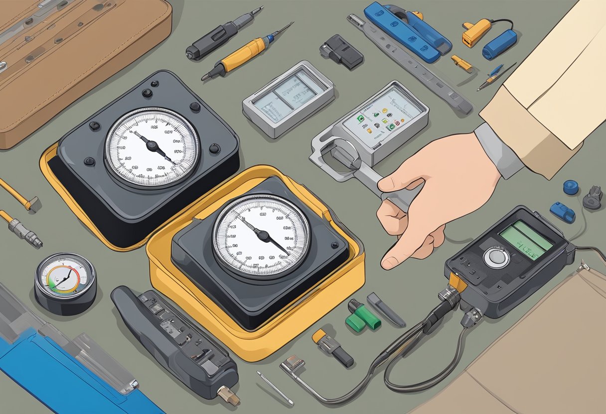 A hand holding a gauge tester, with options for analog and digital display, surrounded by various materials for testing